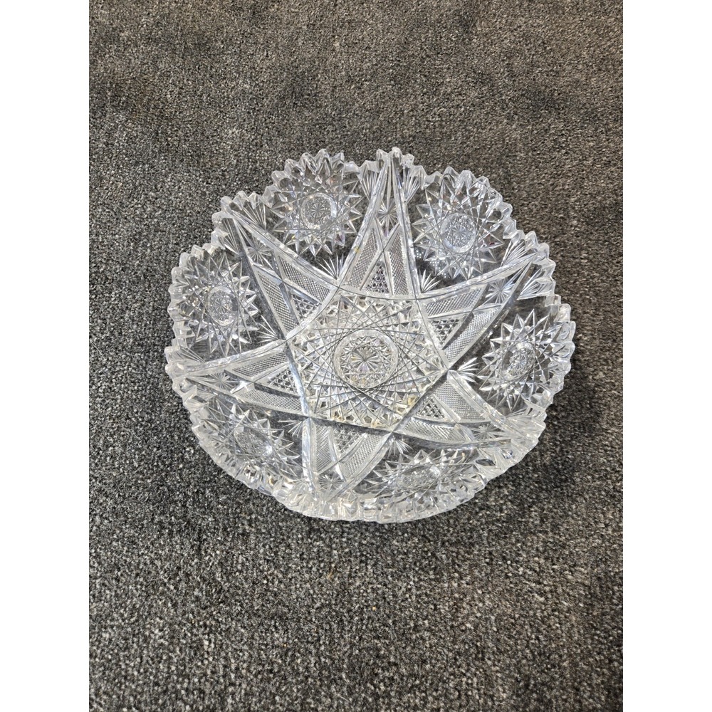 Antique American Brilliant Cut Glass Bowl Hobstar Starburst Sawtooth Rim 8.5"